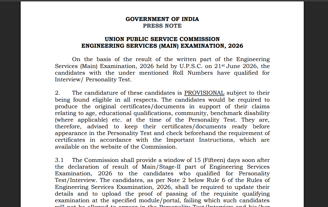 UPSC ESE result 2026 released at upsc.gov.in: Direct link to download here