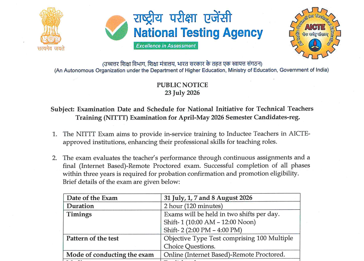 NTA releases NITTT 2026 exam schedule; check shift timings and guidelines