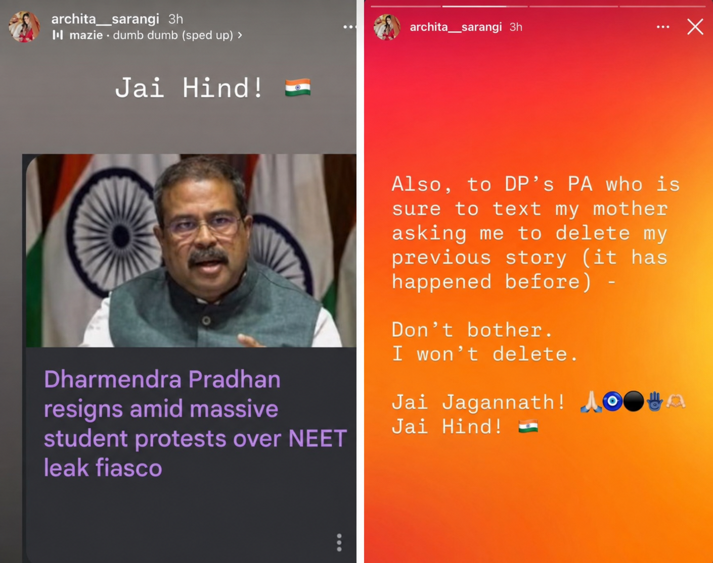 The social post of Bhubaneswar MP Aparajita Sarangi's daughter Archita Sachin Rahar welcomed Dharmendra Pradhan's resignation