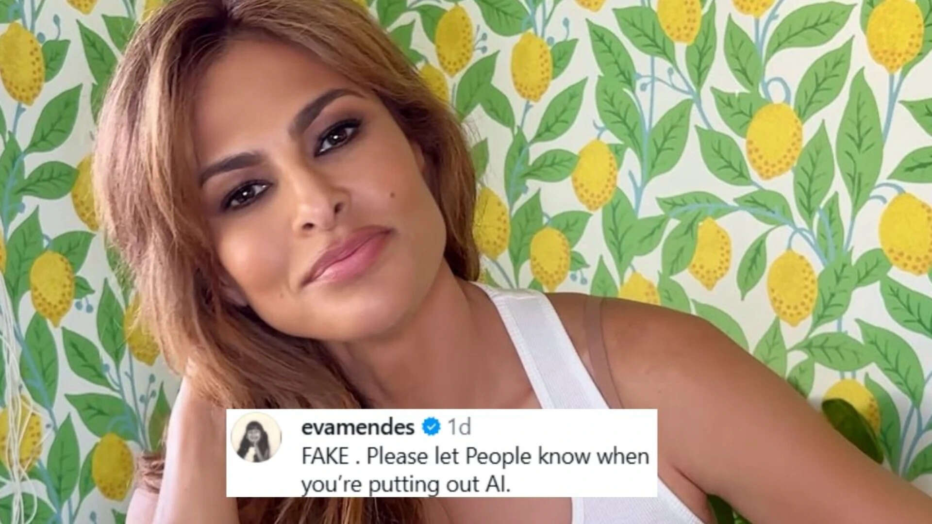 Eva Mendes closes a fake AI photo with Ryan Gosling and Johnny Depp