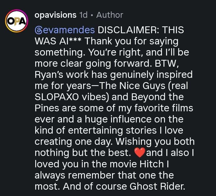 The AI ​​developer adds a disclaimer after Eva Mendes' response