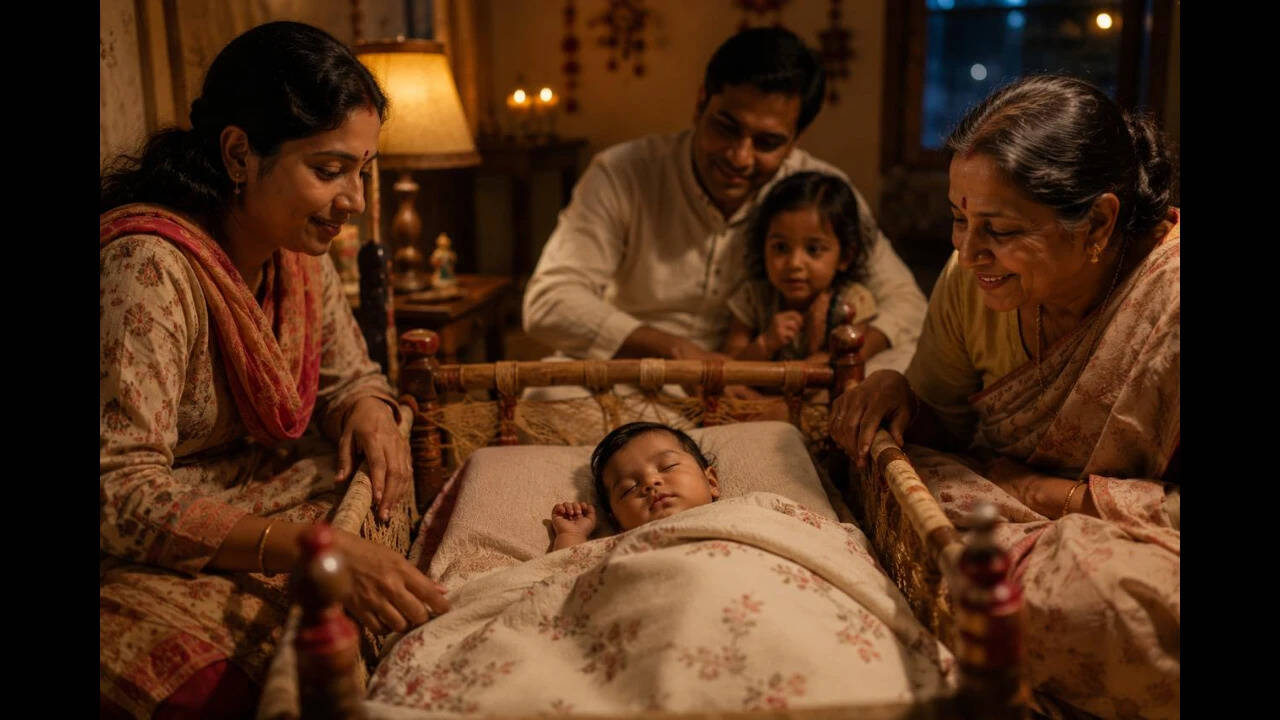 New born sleeping in an Indian household