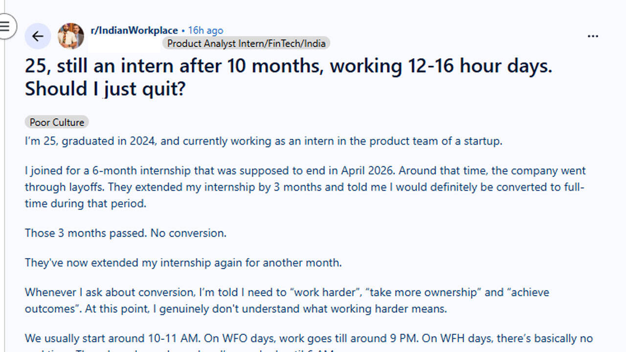 'Worked 16 hours a day as an intern, still no full-time job': A 25-year-old's startup story sparks debate