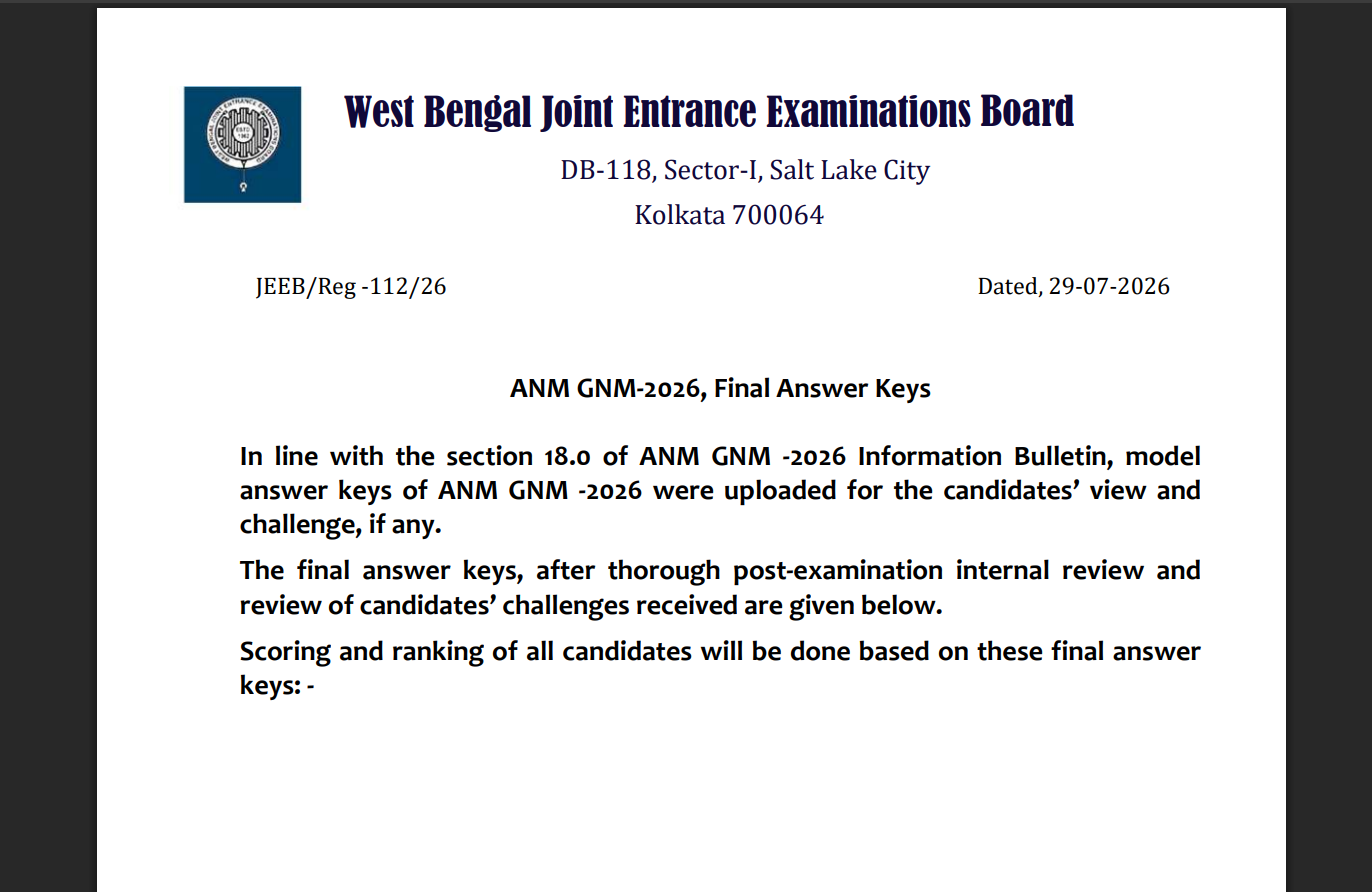 West Bengal ANM GNM result 2026 released at wbjeeb.in: Direct link to download here