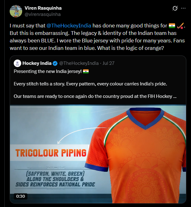Viren Rasquinha criticised Hockey India’s decision to replace the team’s iconic blue jersey with saffron