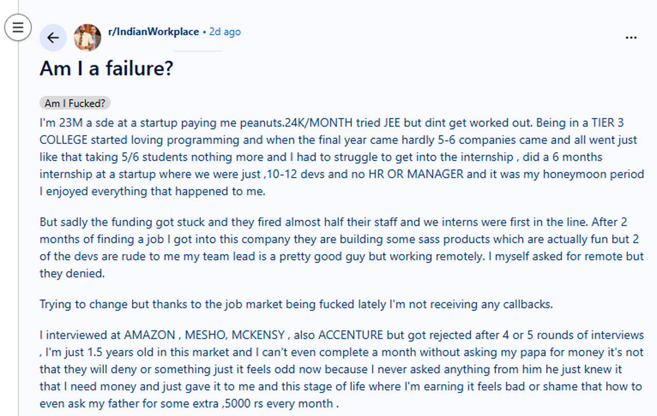 The young software engineer's struggle with job rejections and financial pressure resonates with graduates