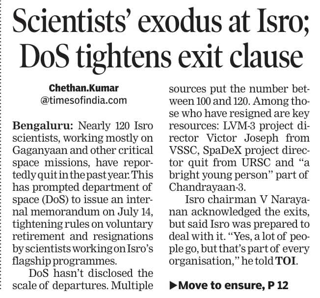 TOI's earlier report about scientists leaving Isro