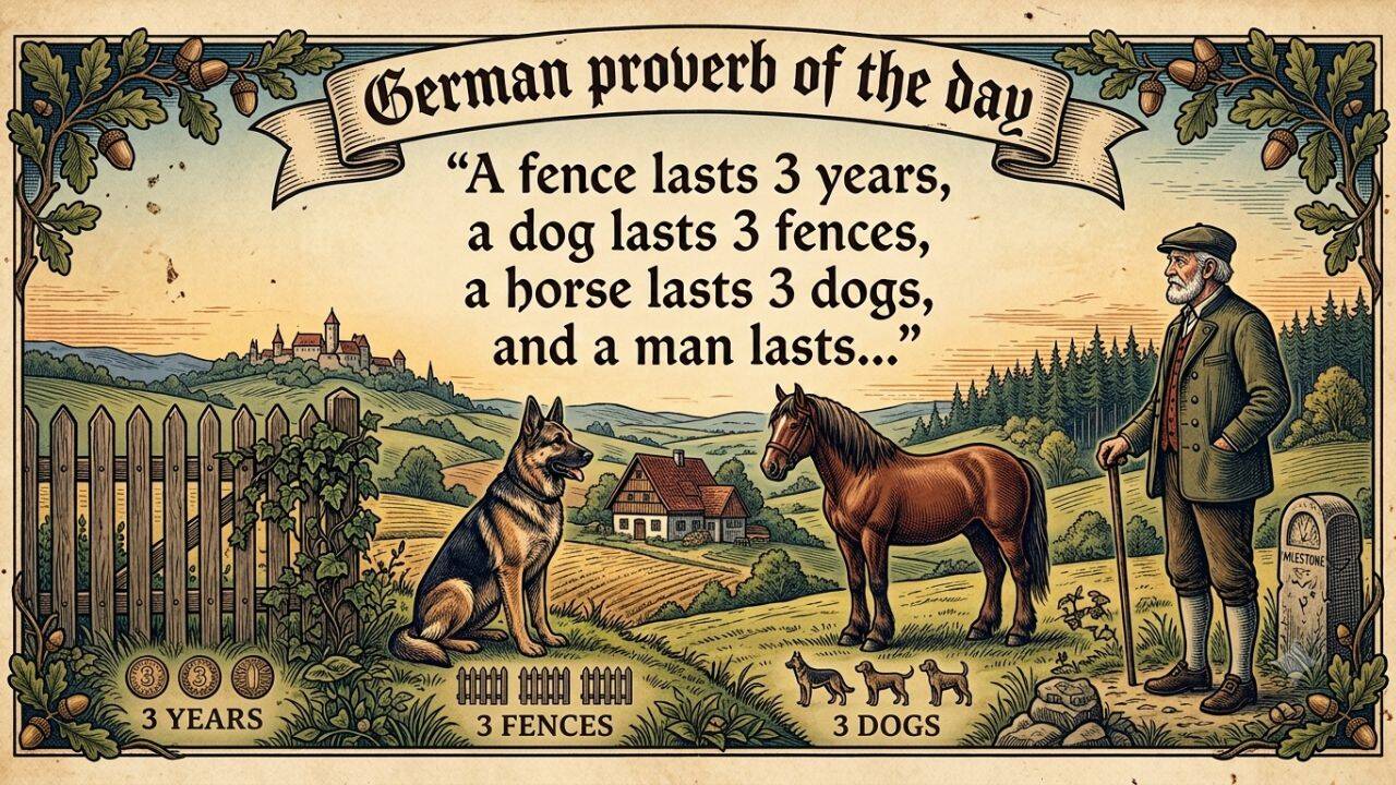 German proverb of the day: “A fence lasts 3 years, a dog lasts 3 fences, a horse lasts 3 dogs, and a man lasts…”