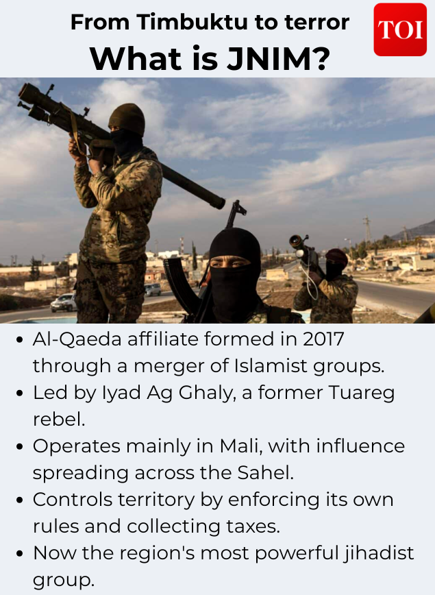 Jama'at Nusrat al-Islam wa-l-Muslimin (JNIM) is the Sahel's most powerful jihadist group and an affiliate of al-Qaeda, formed in 2017 through the merger of several Islamist factions JNIM
