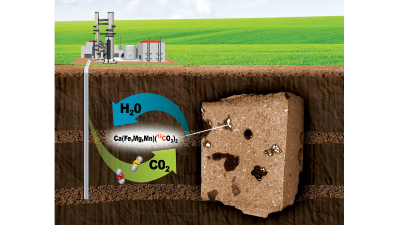 Illustration of the Carbfix process, which turns captured CO₂ into stone inside underground basalt.