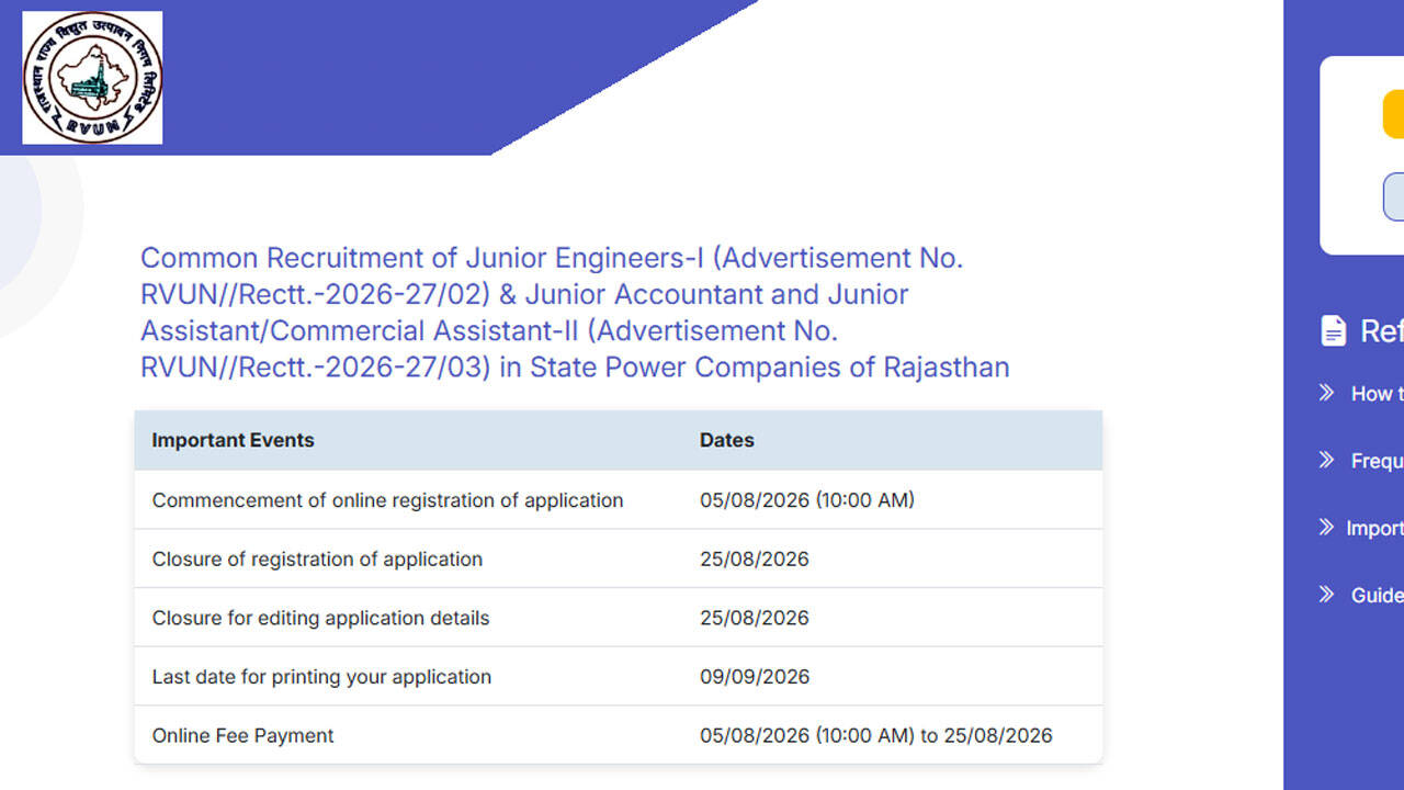RVUNL recruitment 2026 applications begin for 2,005 Junior Engineer, Accountant and Assistant posts; apply here