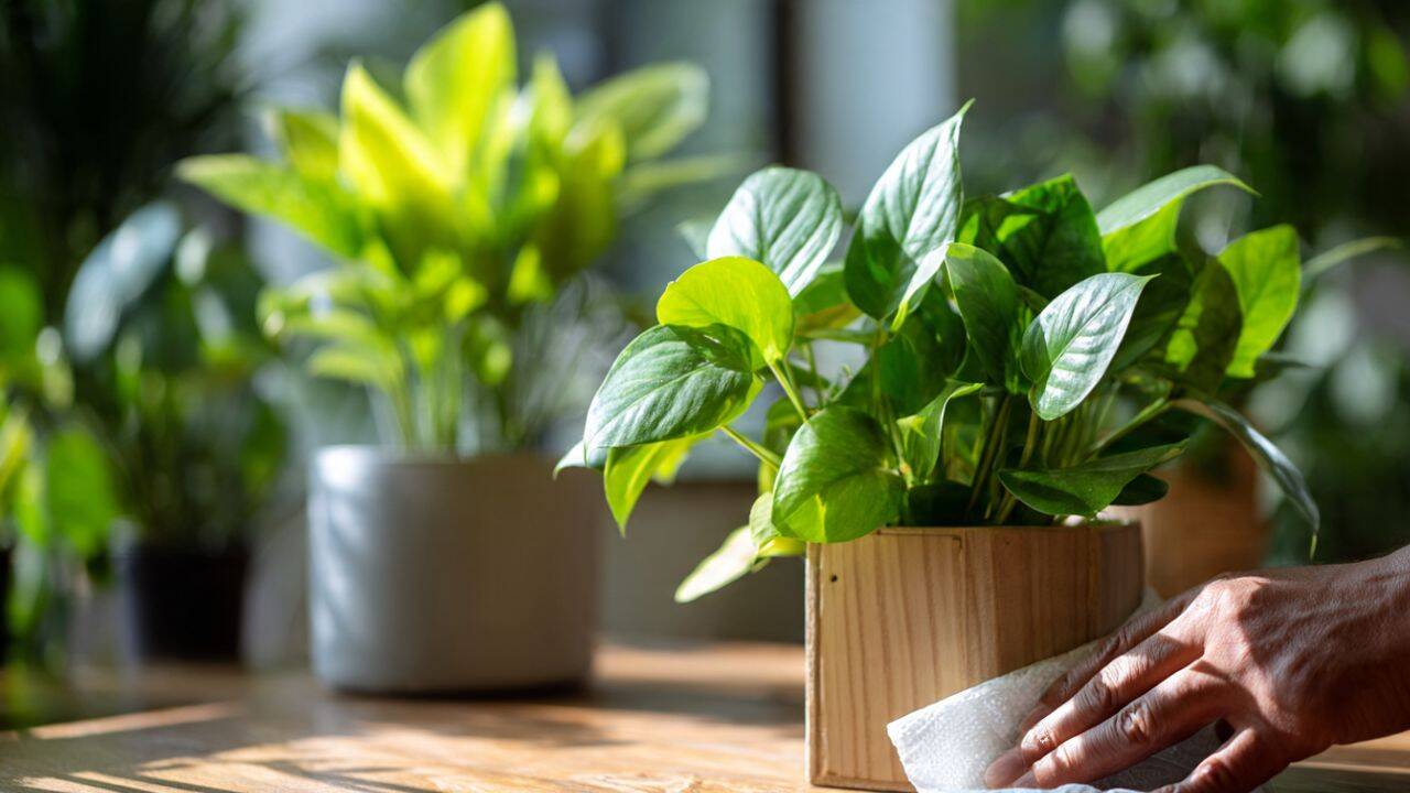 Wipe dusty houseplant leaves<br><br><br>