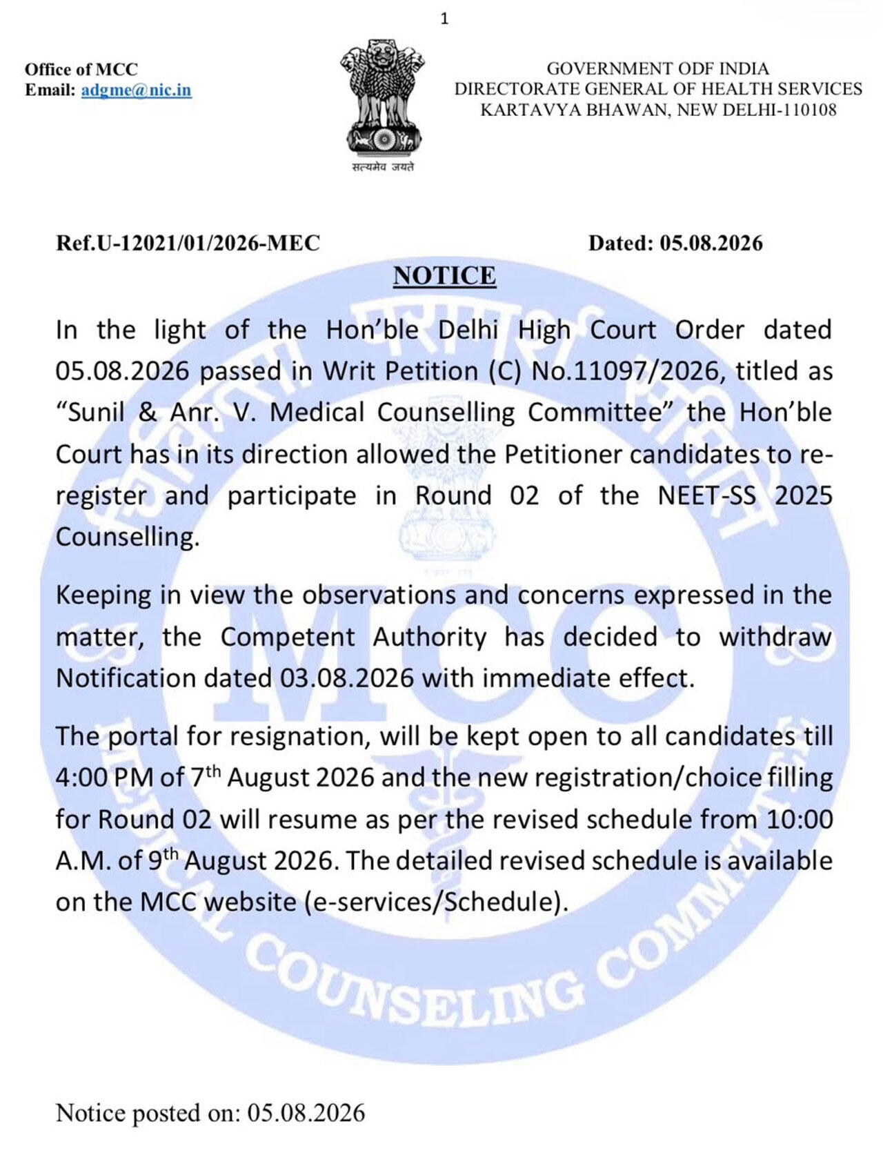 MCC revises NEET SS 2025 Round 2 schedule after Delhi High Court order