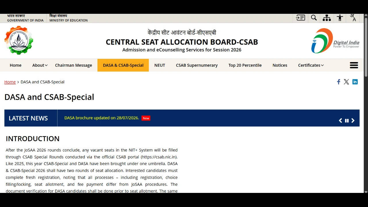 CSAB Special Round, DASA seat allotment result 2026 releasing today at csab.nic.in: Check steps to download