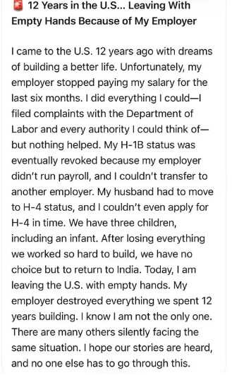 An Indian shared her H-1B ordeal because of the consultancy she worked for.
