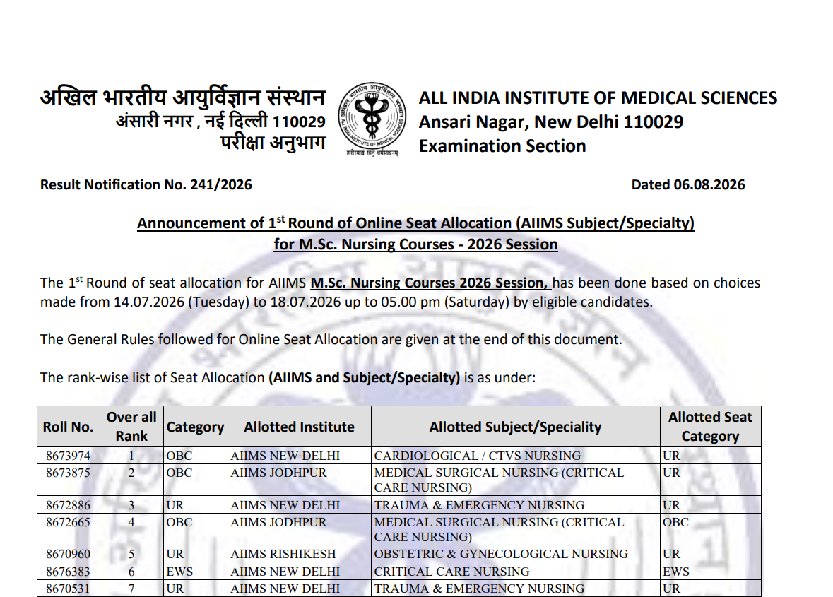 AIIMS MSc Nursing round 1 seat allotment result 2026 out at aiimsexams.ac.in; direct link to download here