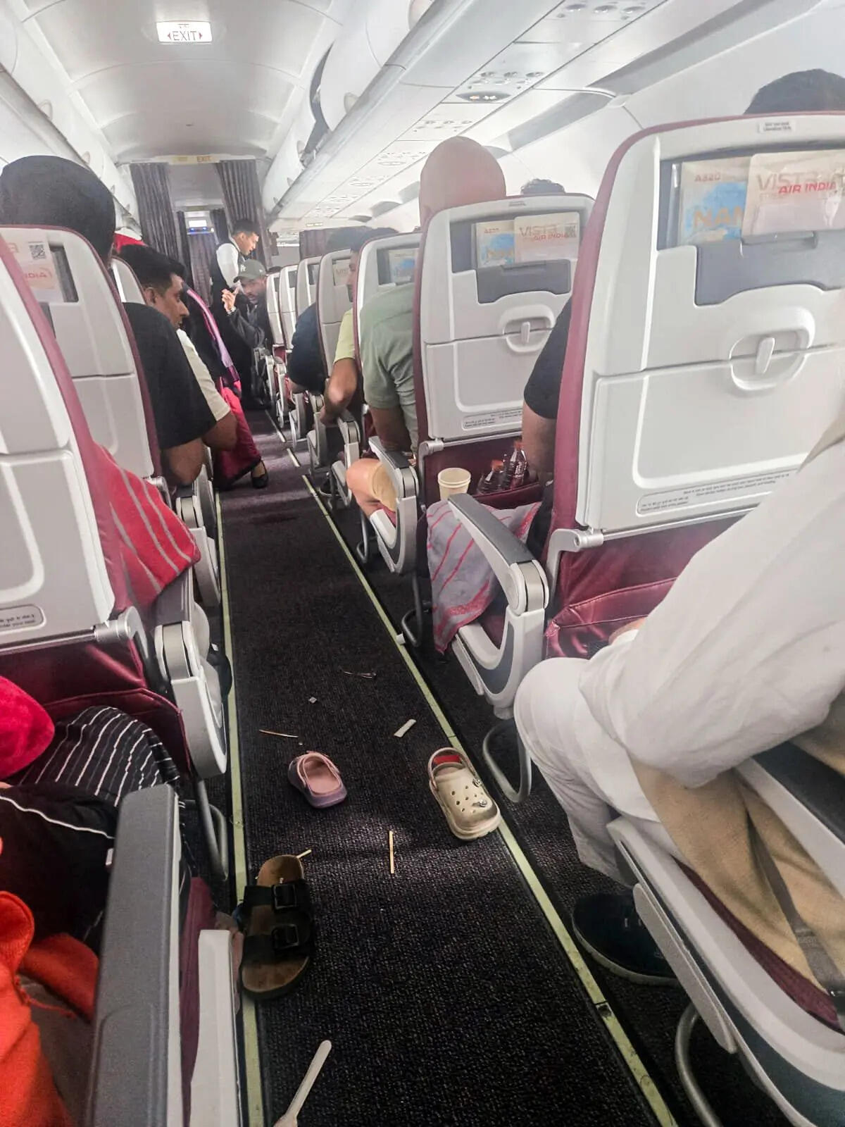 An inside view of the Air India flight from Phuket to Delhi after it hit turbulence, injuring a number of passengers, in New Delhi on Tuesday.