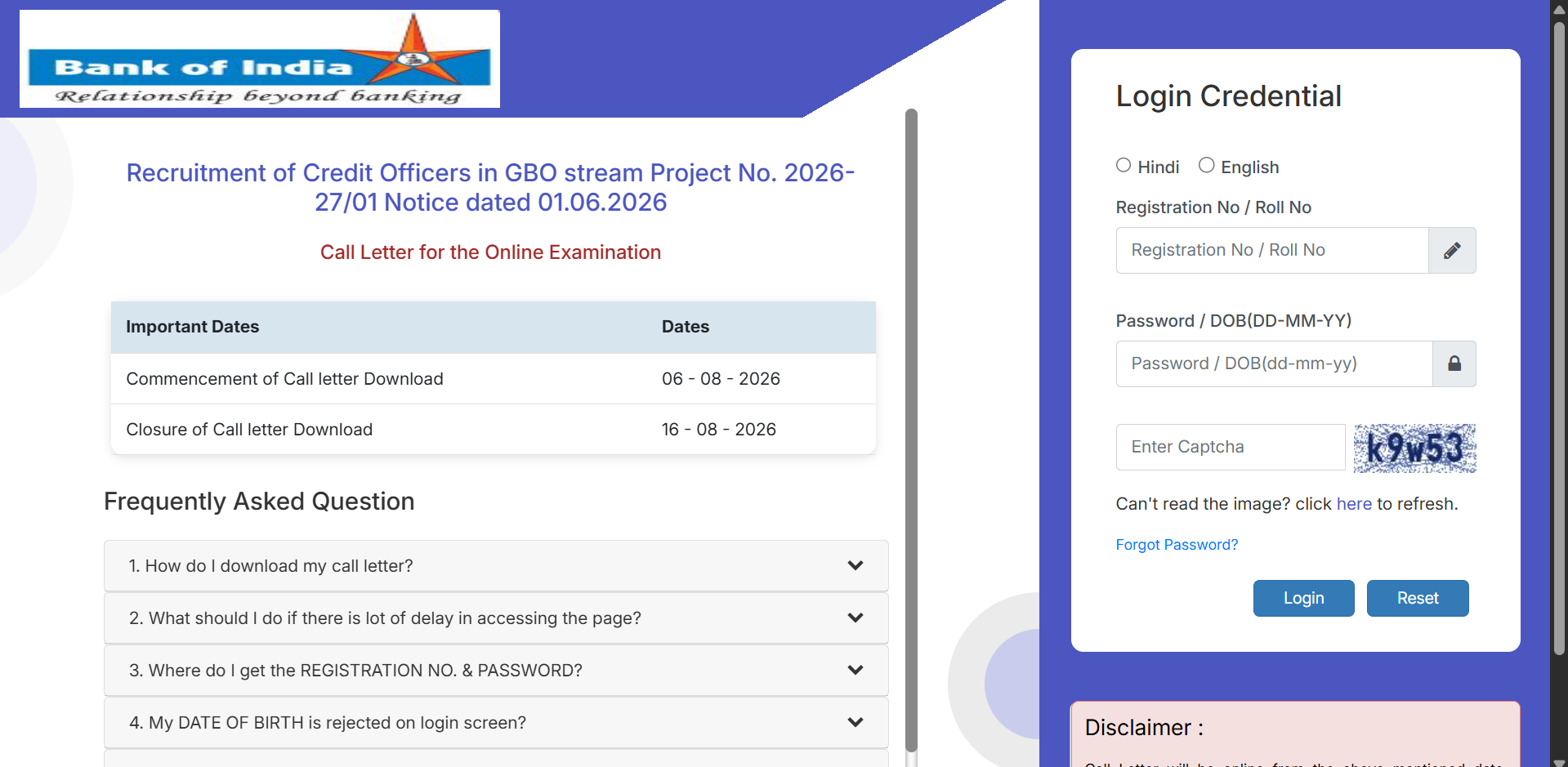 Bank of India Credit Officer admit card 2026 released at bankofindia.bank.in: Direct link to download hall ticket here