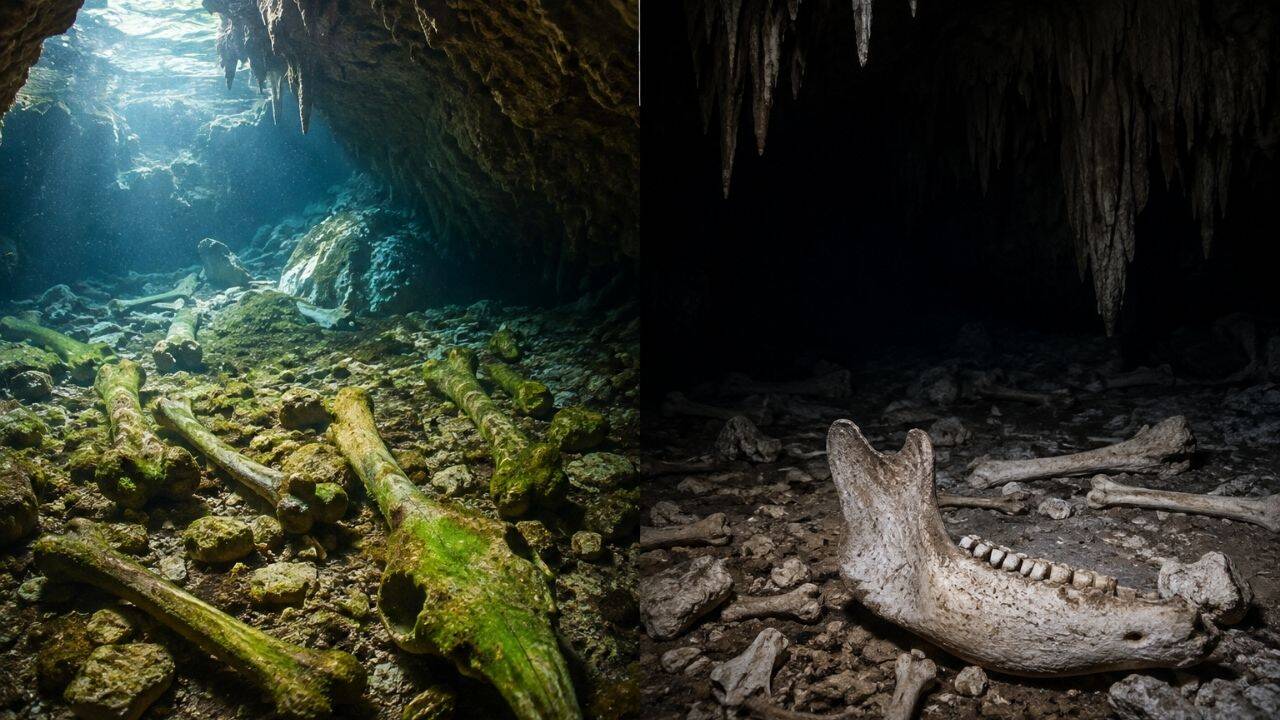 Bones in dark underwater caves stayed pristine while light left algae marks