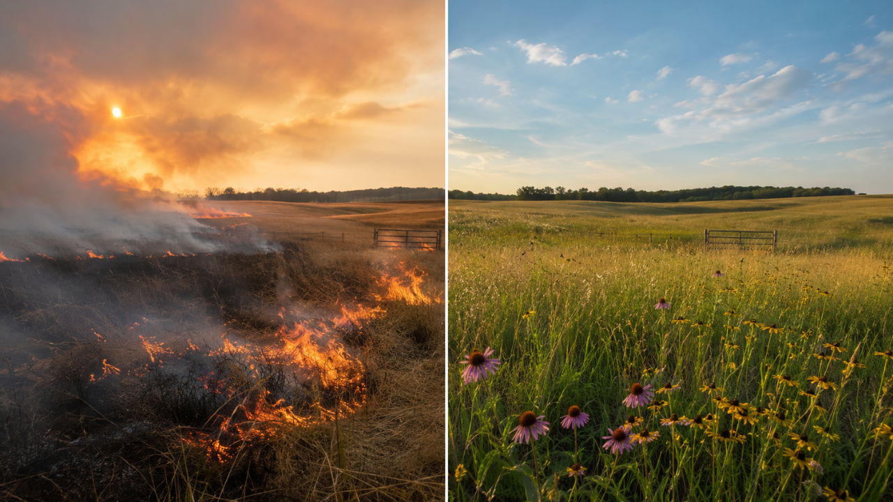 In 2002, a Kansas landowner began restoring 320 neglected acres with winter burns; 20 years later, native tallgrass and wildflowers had returned