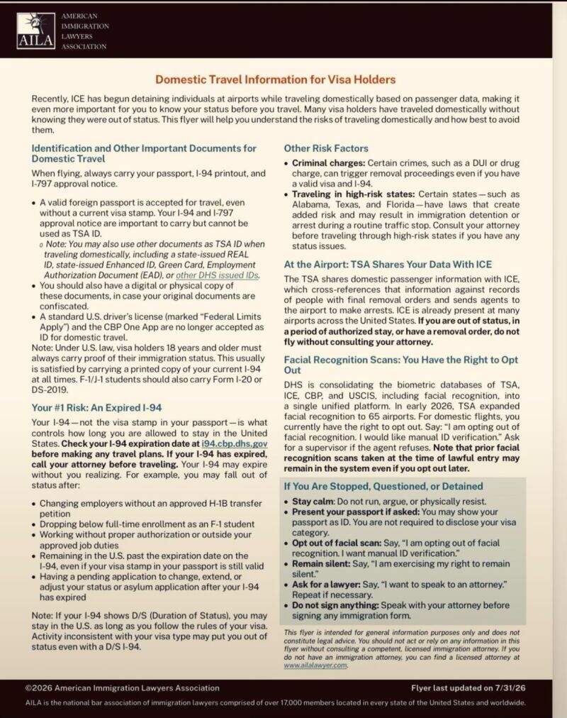 American Immigration Lawyers' Association issued a travel alert for visa holders.