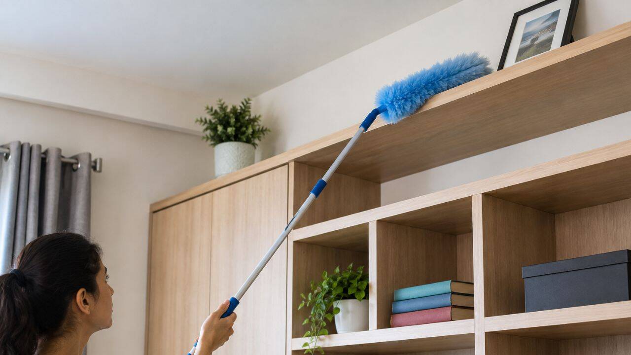 Use a long-handled electrostatic duster<br>