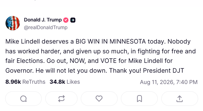 Trump endorsed Lindell on Truth Social. (Photo: @realDonaldTrump)<br>