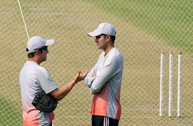 Gautam Gambhir and Shubman Gill during a training session ahead of first Test cricket match between India and South Africa, at Eden Gardens in Kolkata. (PTI File Photo)<br>
