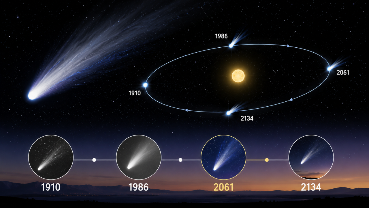 Halley’s Comet takes about 76 years to orbit the Sun and will return to our skies in 2061