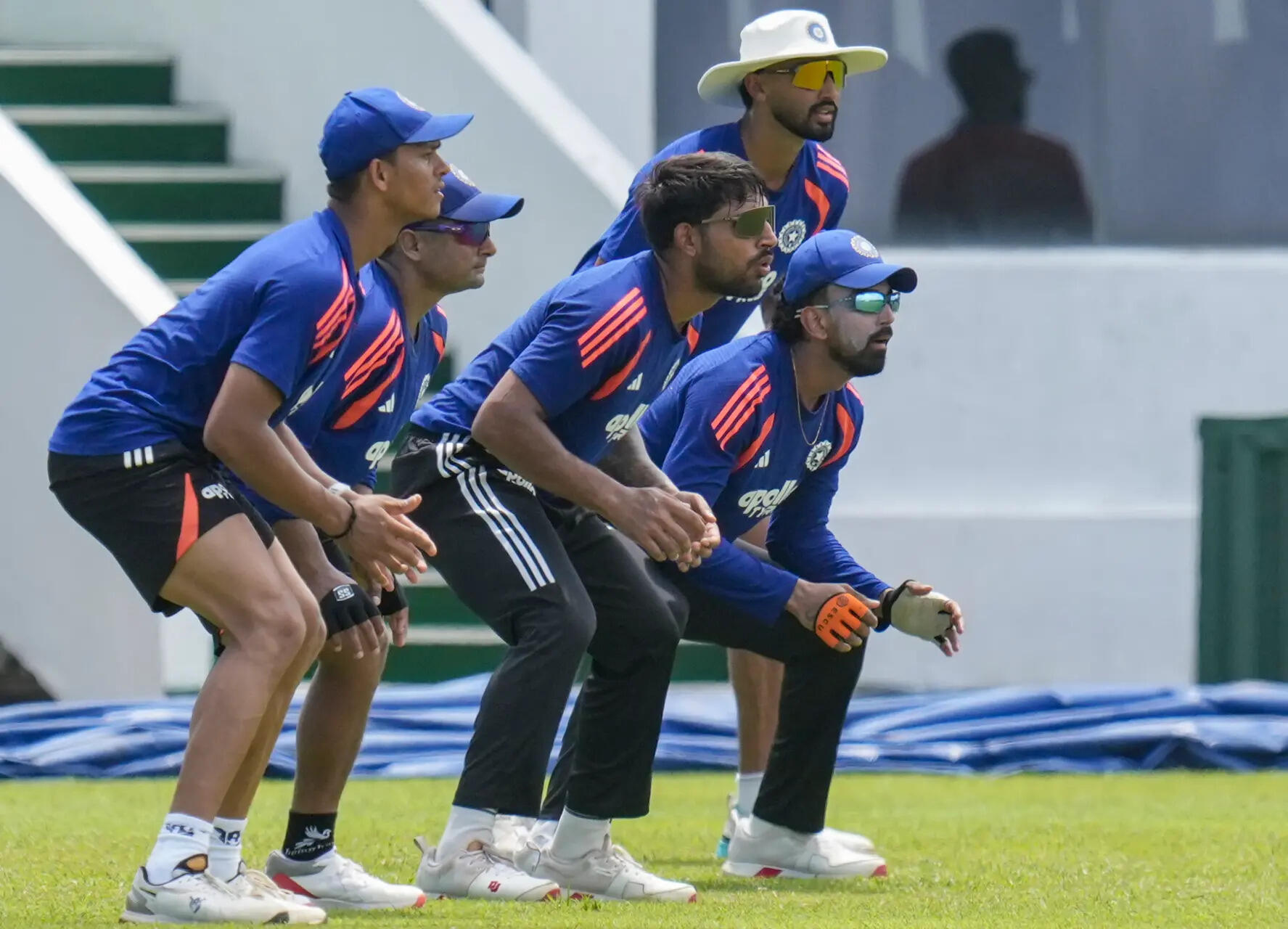 Galle: From front, India's Yashasvi Jaiswal, Sarfaraz Khan, Dhruv Jurel, vice captain KL Rahul and Devdutt Padikkal during a practice session ahead of the first test cricket match between India and Sri Lanka, in Galle. (PTI Photo/Shailendra Bhojak) (PTI08_13_2026_000559B) IND vs SL: 1st Test match-Training