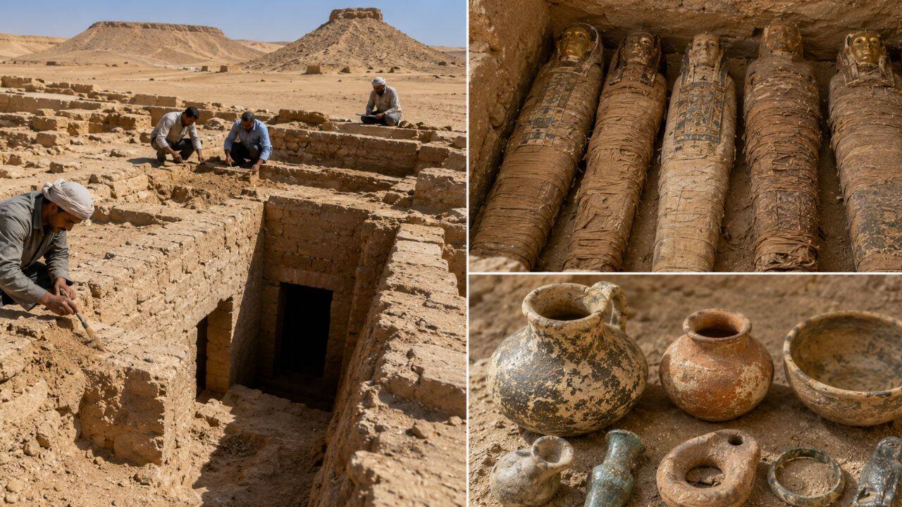 Egyptian archaeologists uncover 3 tombs, 5 mummies, and Roman remains