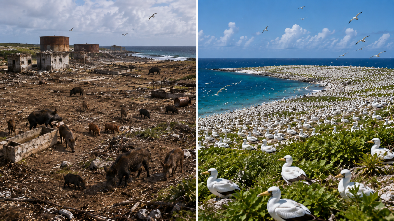 In 1958, 58 feral pigs were removed from Clipperton Island, helping a seabird colony grow from 650 to more than 137,000