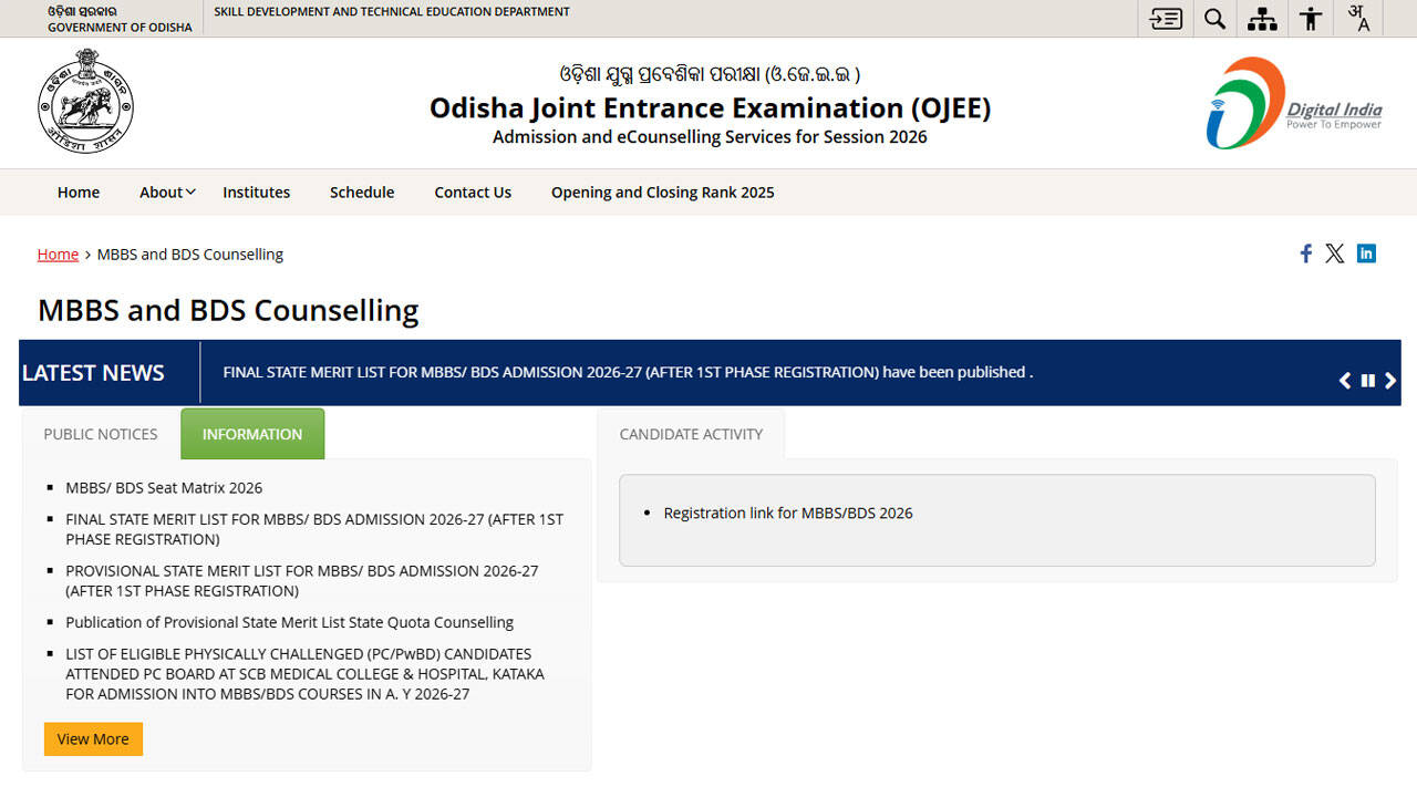 OJEE NEET rank list 2026 released for MBBS and BDS admission in Odisha; check seat matrix details here