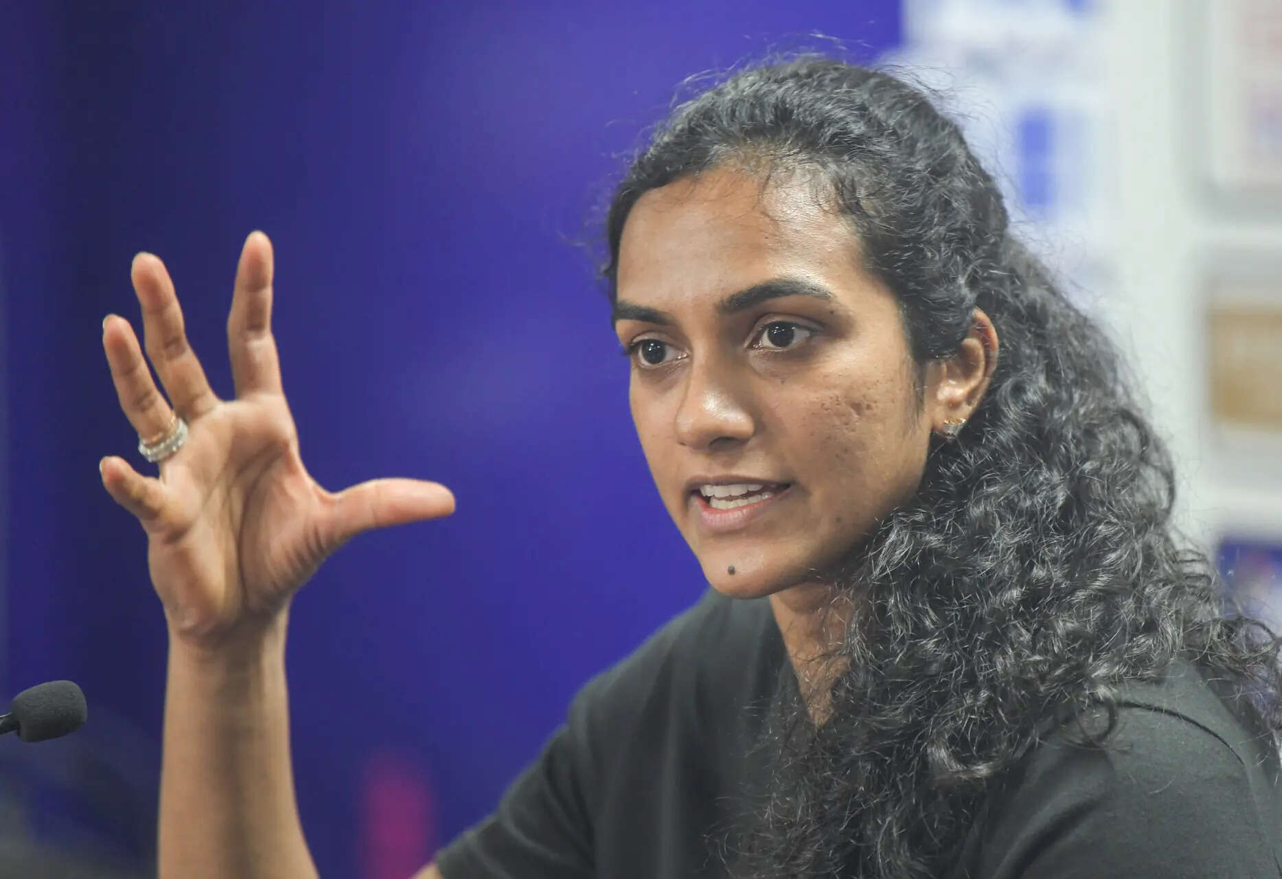 New Delhi, Aug 16 (ANI): Badminton player PV Sindhu speaks during a press confer...