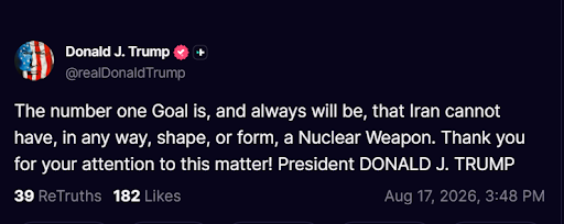 Trump says Iran can never have a nuclear weapon (@realDonaldTrump)<br>