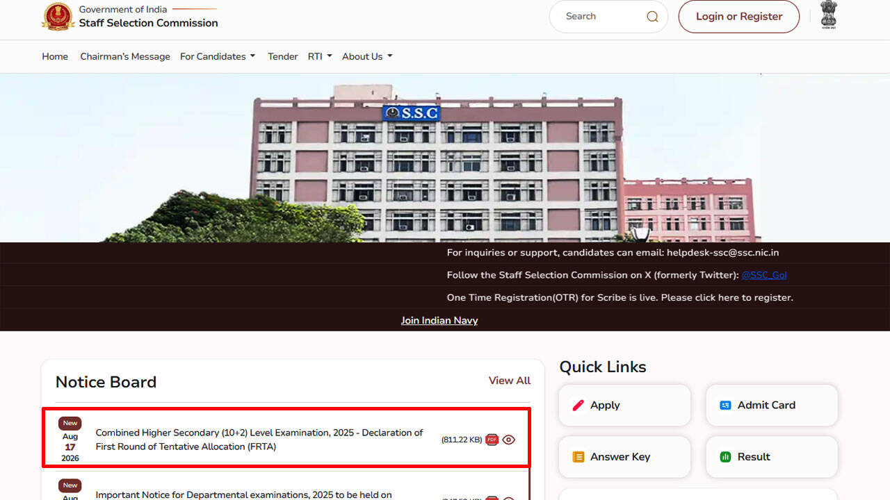 SSC CHSL FRTA result 2026 released: Check 3,515 shortlisted candidates and sliding dates