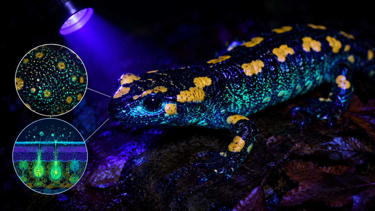How fire salamanders glow blue-green under ultraviolet light through fluorescent skin secretions<br>