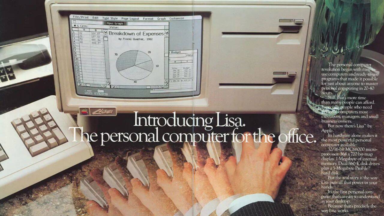 Brochure showing Lisa 1 screen and Twiggy floppy drives