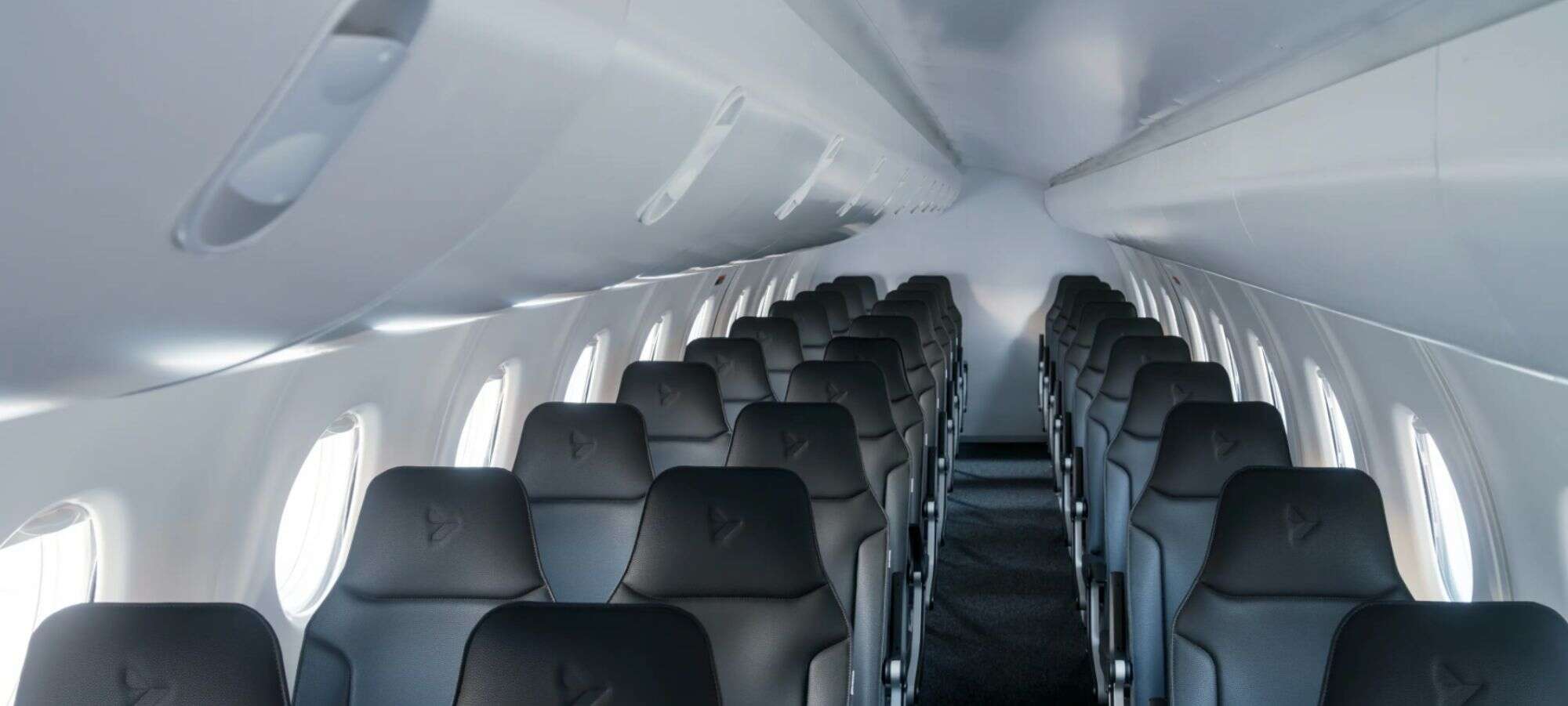 A 30-seat cabin mockup inside Heart Aerospace’s X1 demonstrator aircraft during its rollout.