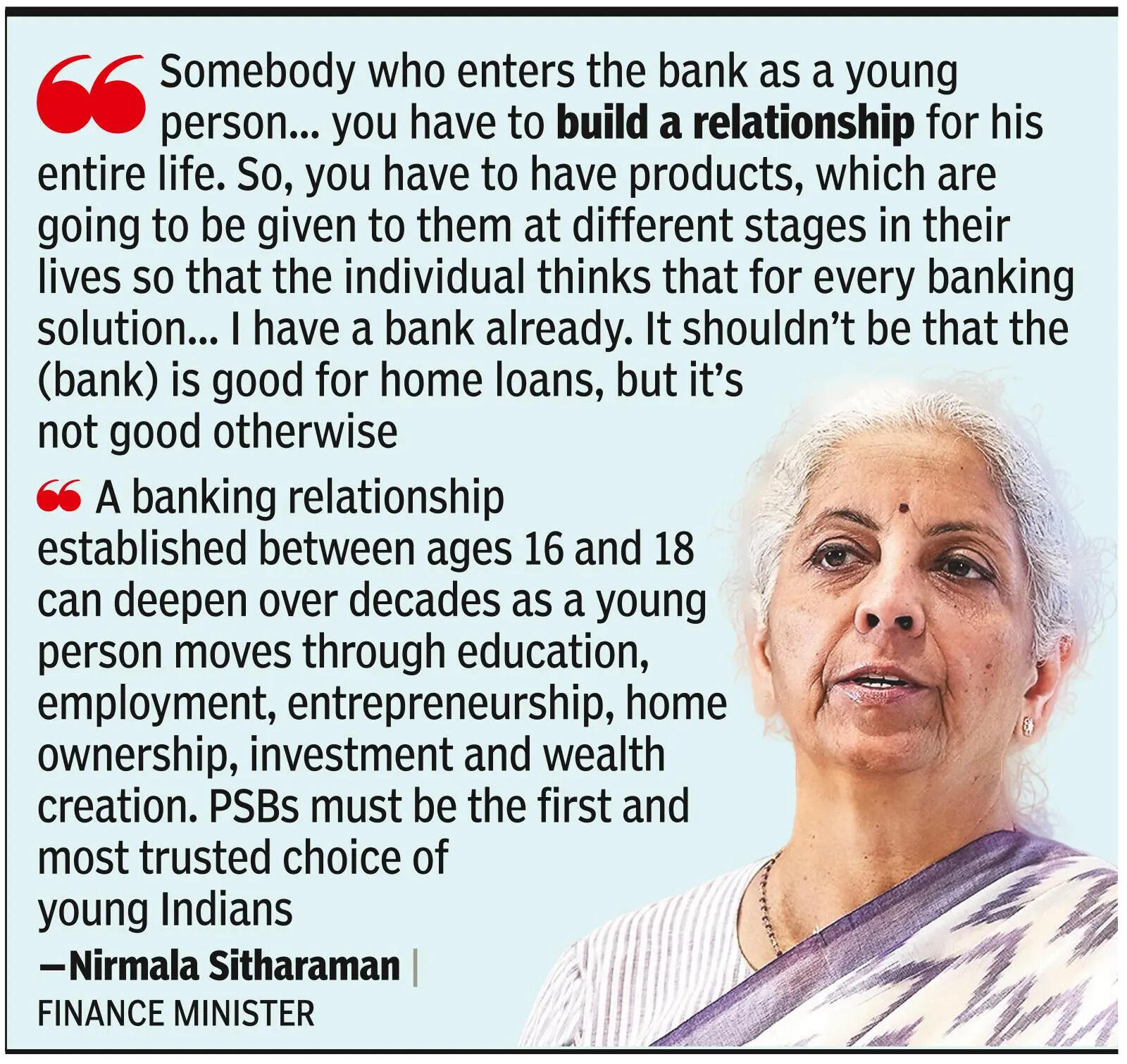 Sitharaman urges PSBs to build lifelong ties with young Indians<br>