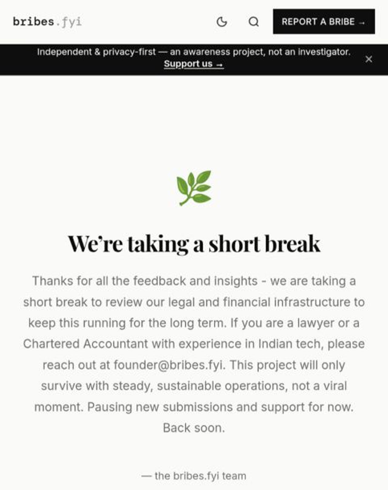 ​<strong>Aryan Nishad’s Bribes.fyi, an anti-bribery reporting website, shuts down after going viral and seeks legal, financial help to return</strong>​