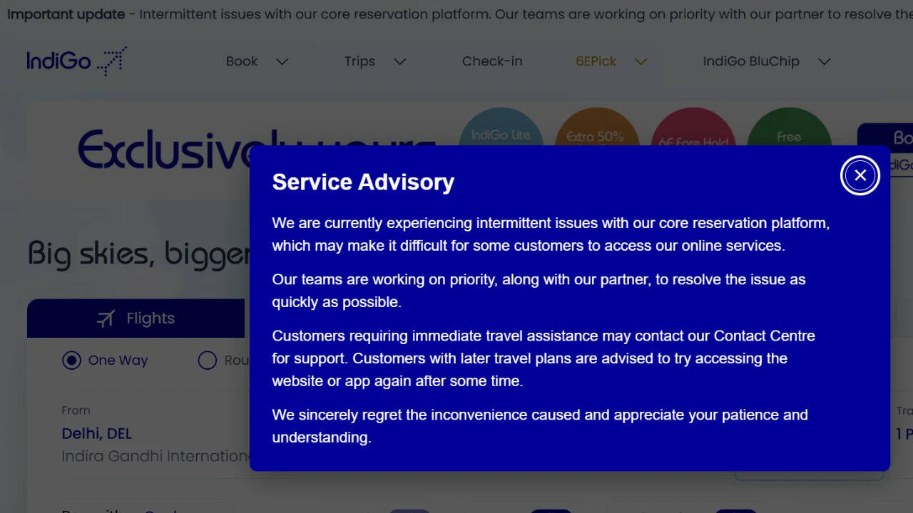 IndiGo website faces technical issue, flight bookings &amp;amp; online check-ins disrupted