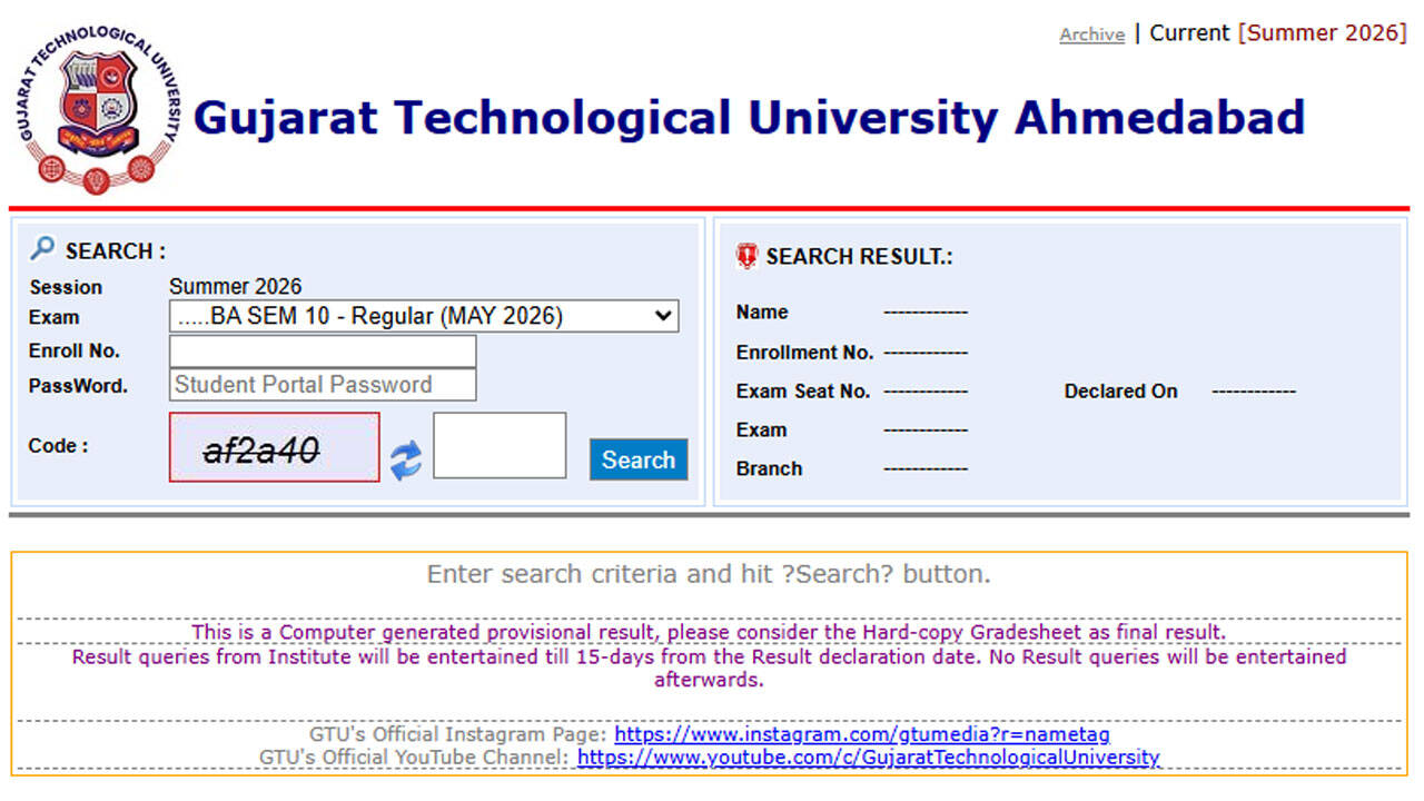 GTU results 2026 released: Check M.Pharm, BE and Diploma in Vocation results at gturesults.in