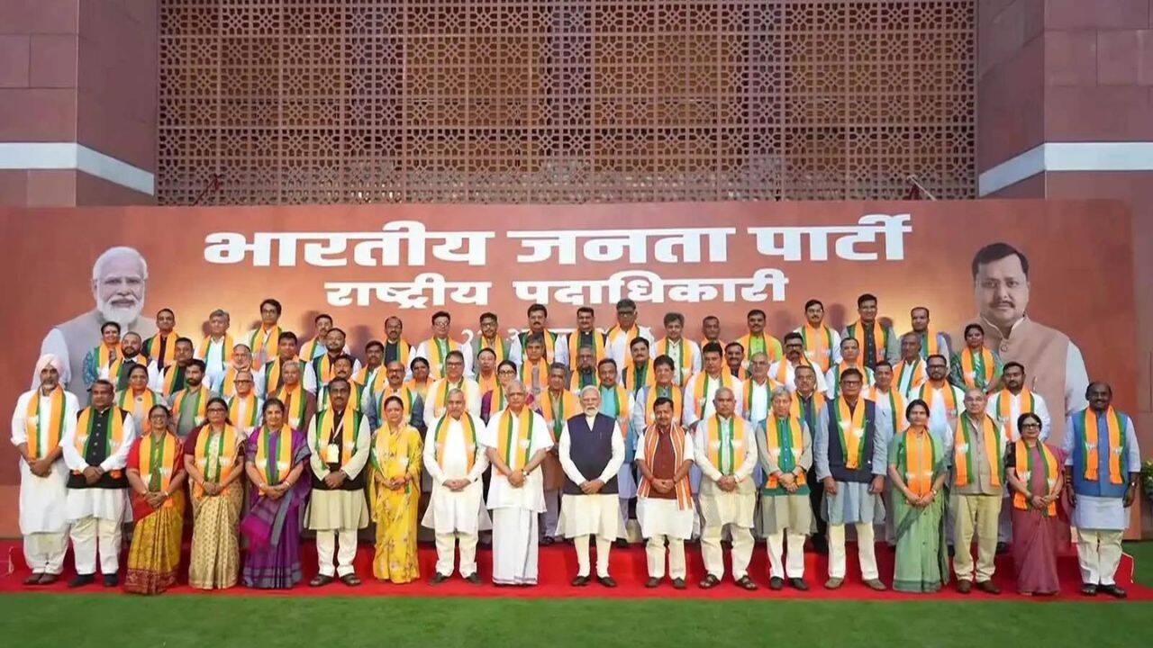 PM Modi meets BJP’s new 65-member national team at party headquarter