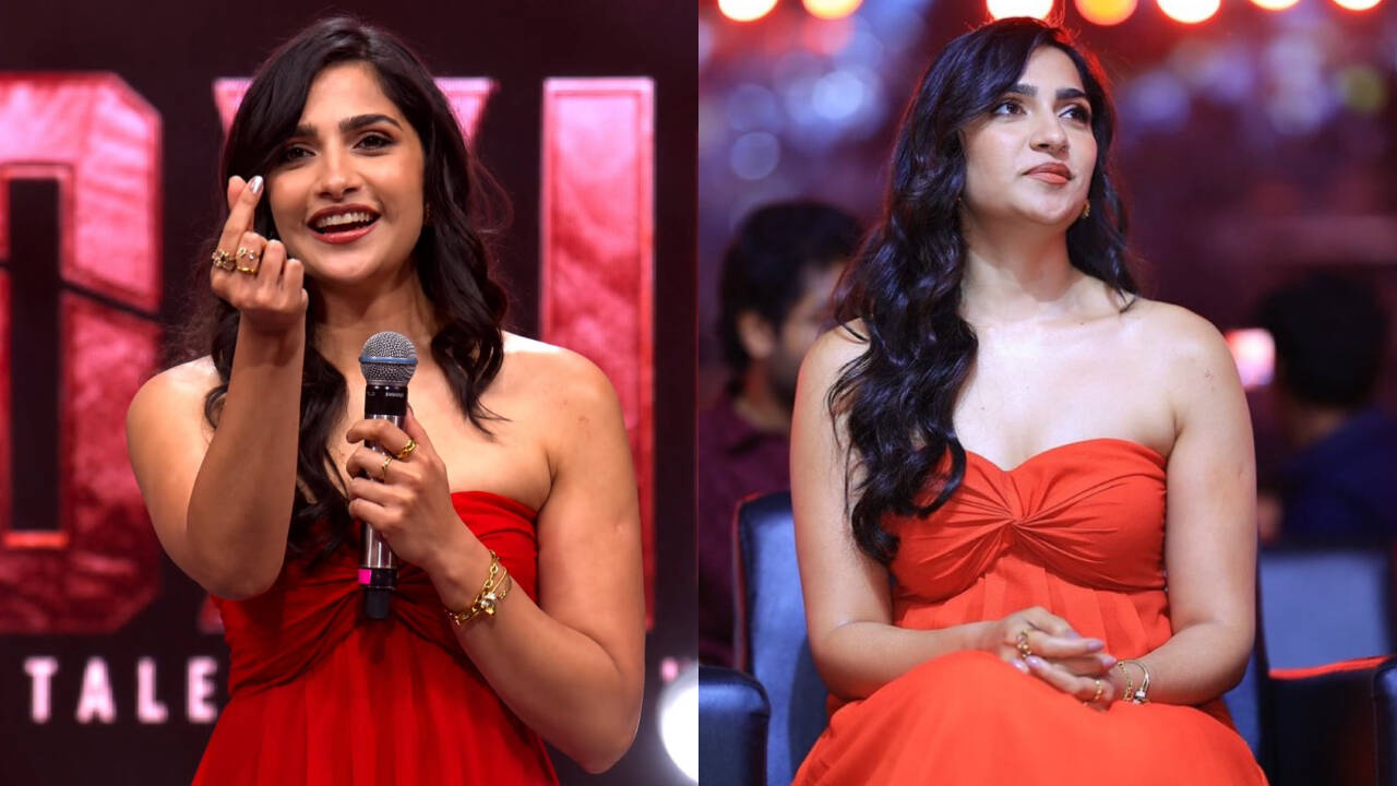 'Toxic' actress Rukmini Vasanth brings sunshine to Chennai in orange strapless maxi dress