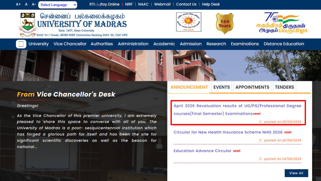 UNOM Madras revaluation results 2026 out: Check April final semester marks using register number here
