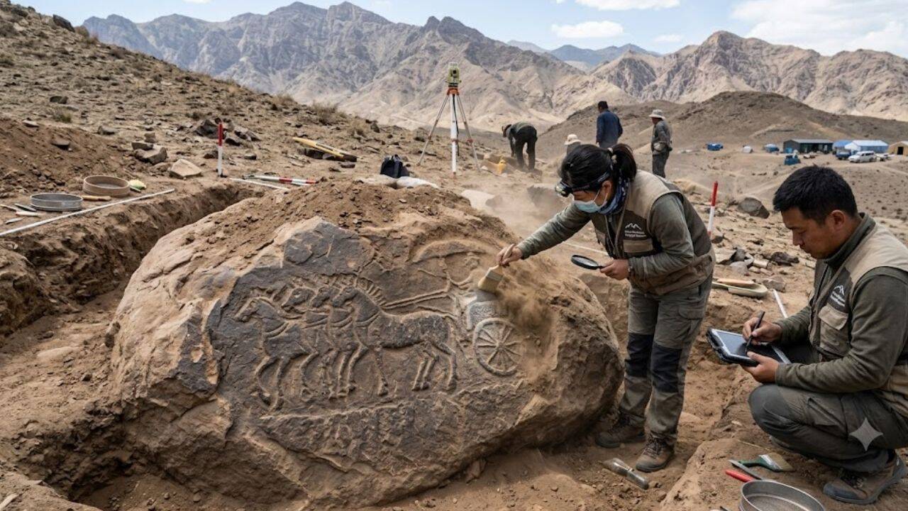 Rare four-horse chariot carving discovered in China’s Helan Mountains