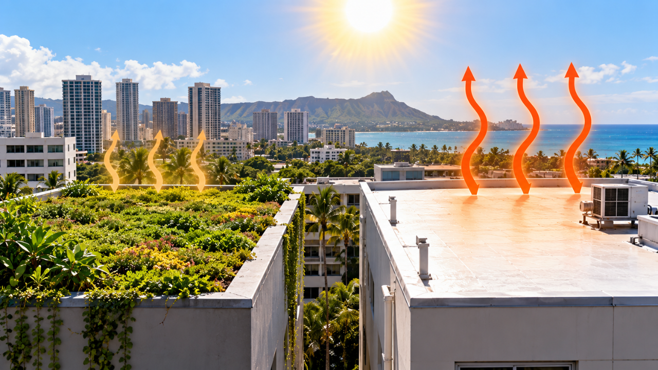 In 2018, a Hawaii study found green roofs stayed cooler than white roofs in Honolulu