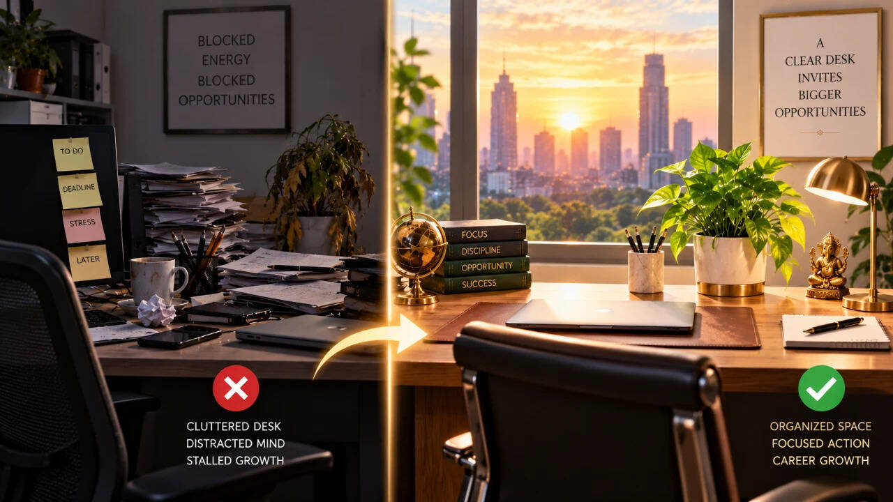 Clear Work Desk Clutter: Vastu expert links tidy desks to promotion; daily fixes boost focus