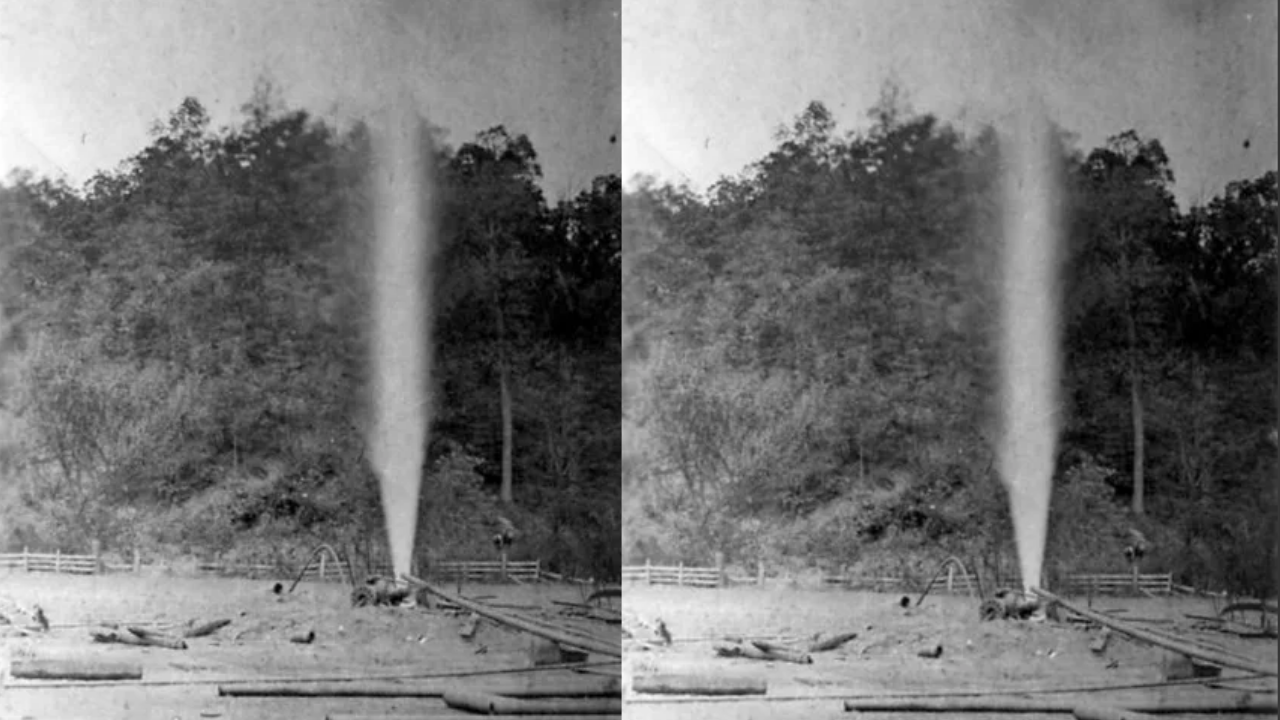 In 1895, lightning ignited a West Virginia gas well; flames soared 200 feet as crowds watched
